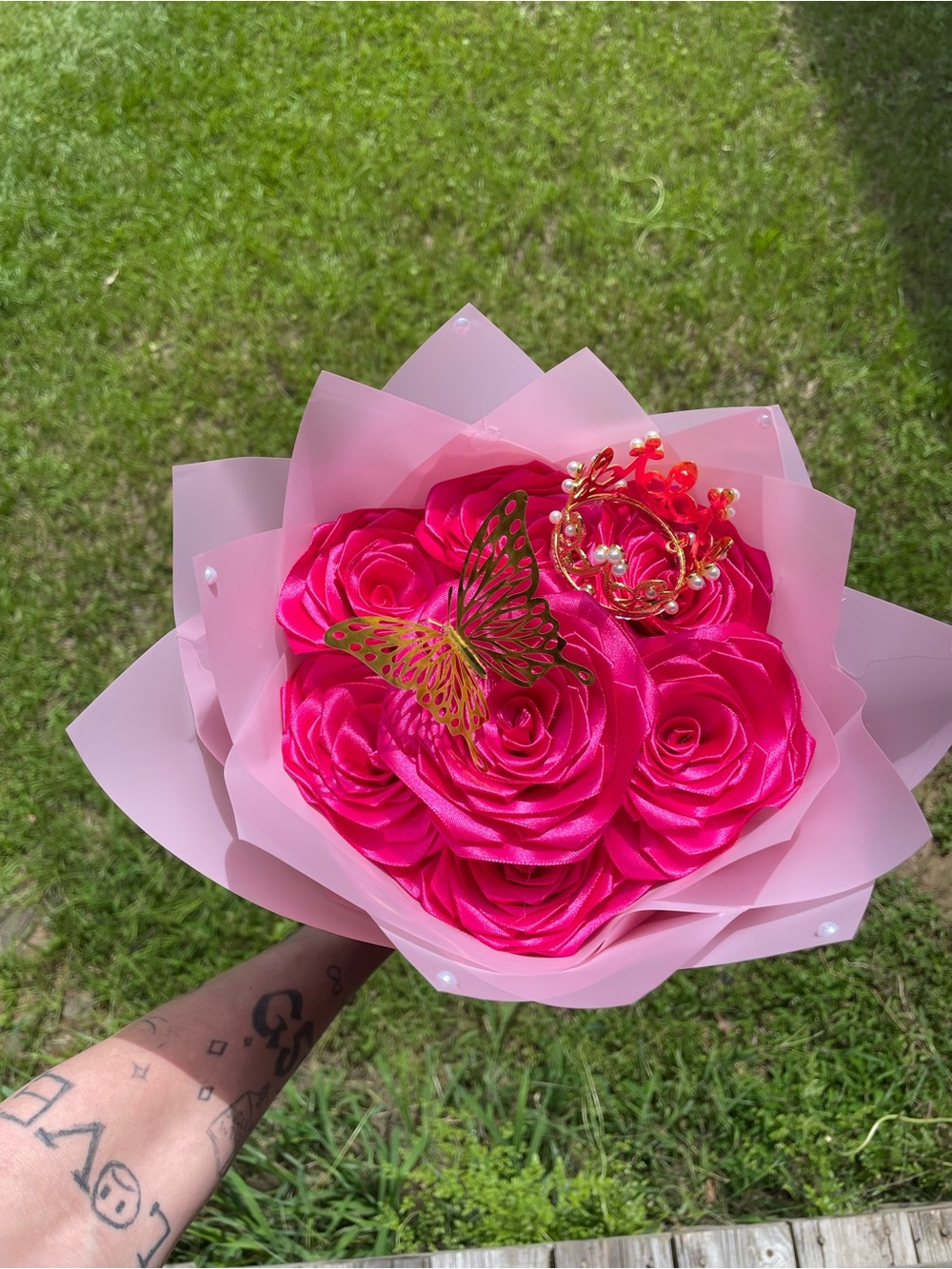 Faux Rose Bouquet with Gold Butterfly Accent - Pink